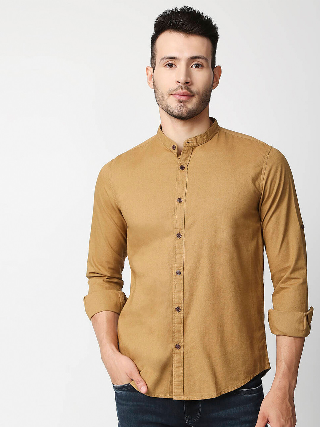 Pepe Jeans Men Khaki Solid Cotton Casual Shirt