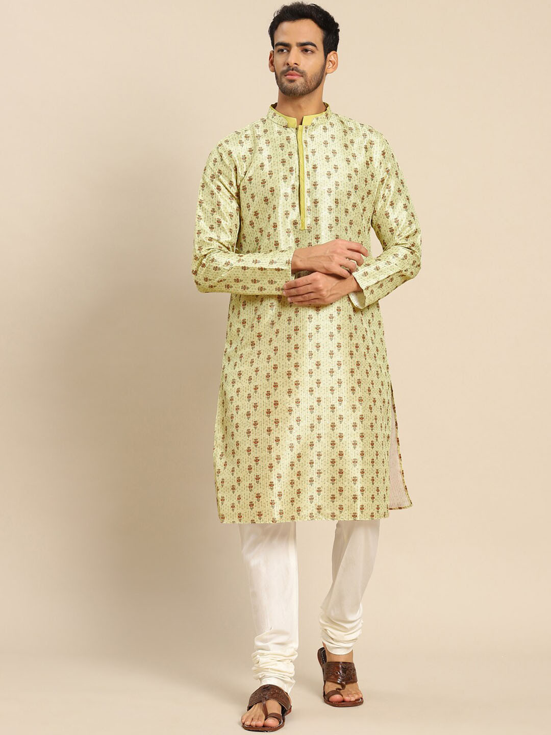 KISAH Men Yellow Floral Printed Kurta with Pyjama set