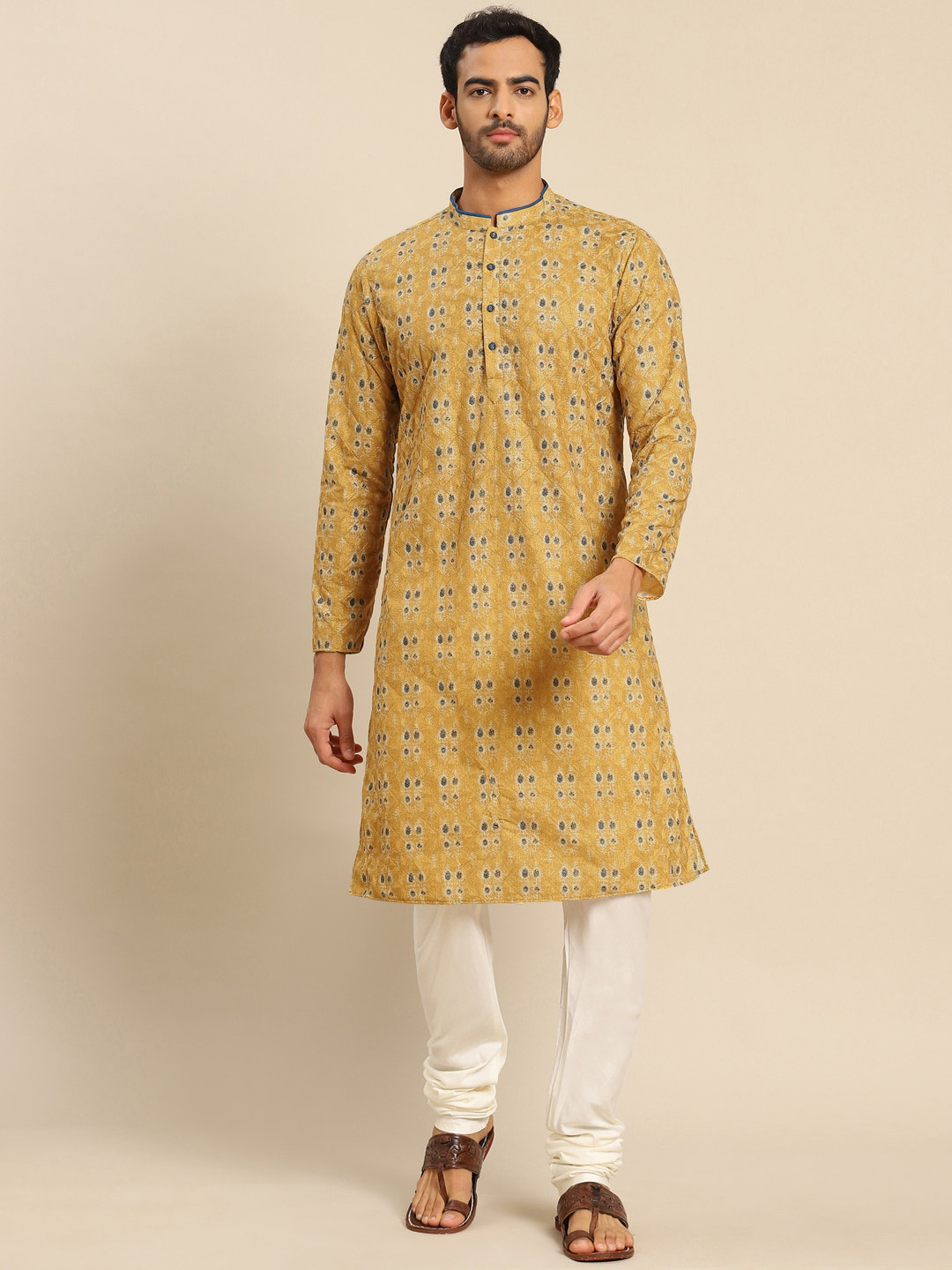 KISAH Men Mustard Yellow Ethnic Motifs Embroidered Kurta with Pyjamas