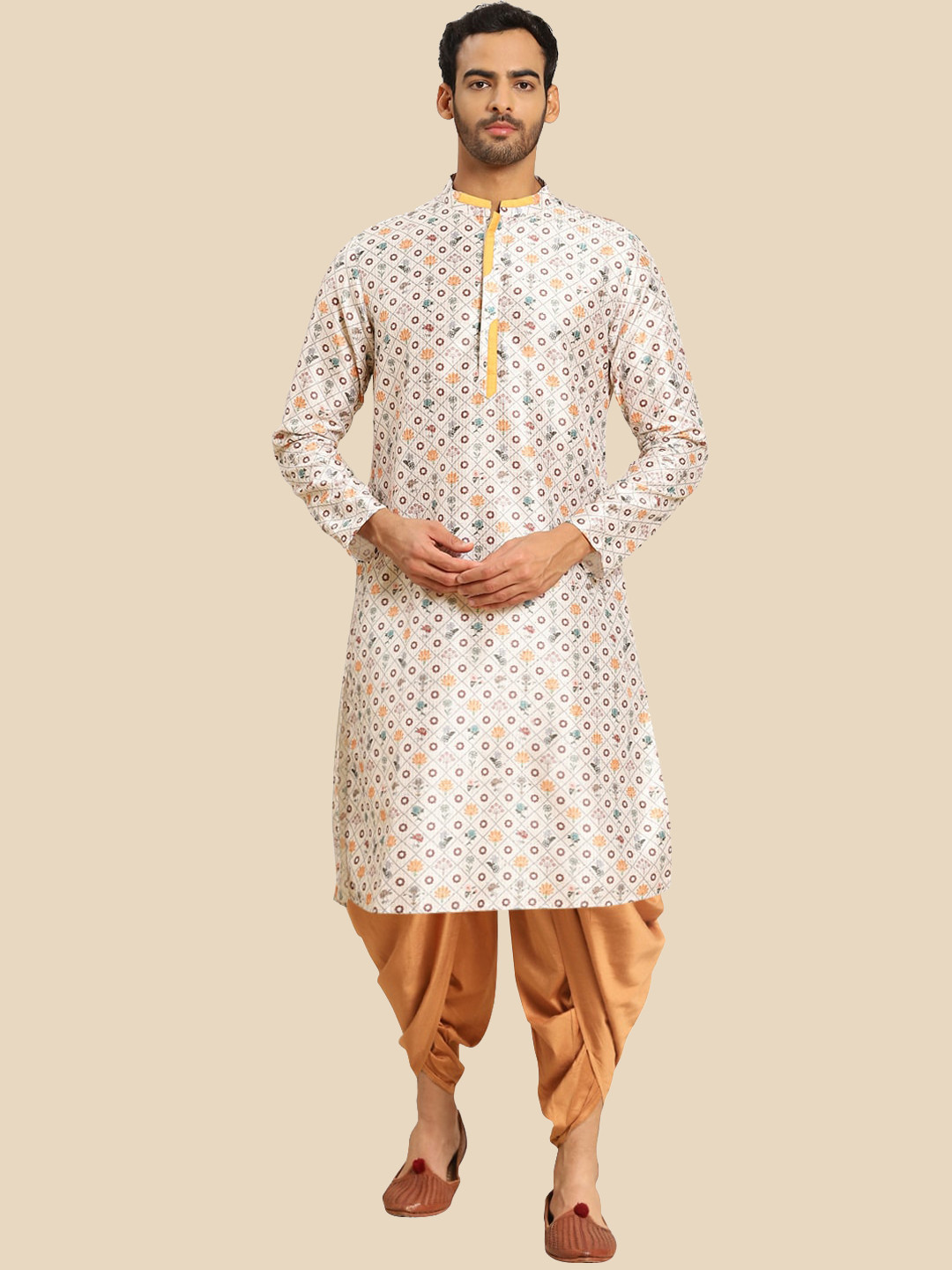 KISAH Men White Floral Printed Mirror Work Kurta with Dhoti Pants