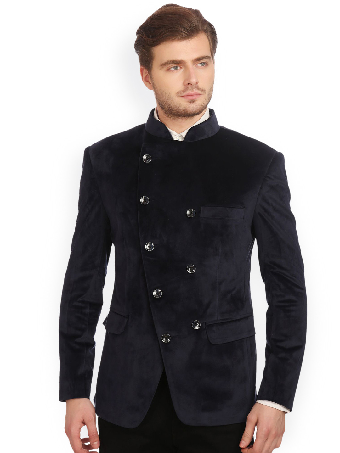 Wintage Navy Double-Breasted Velvet Tailored Fit Ethnic Bandhgala Blazer