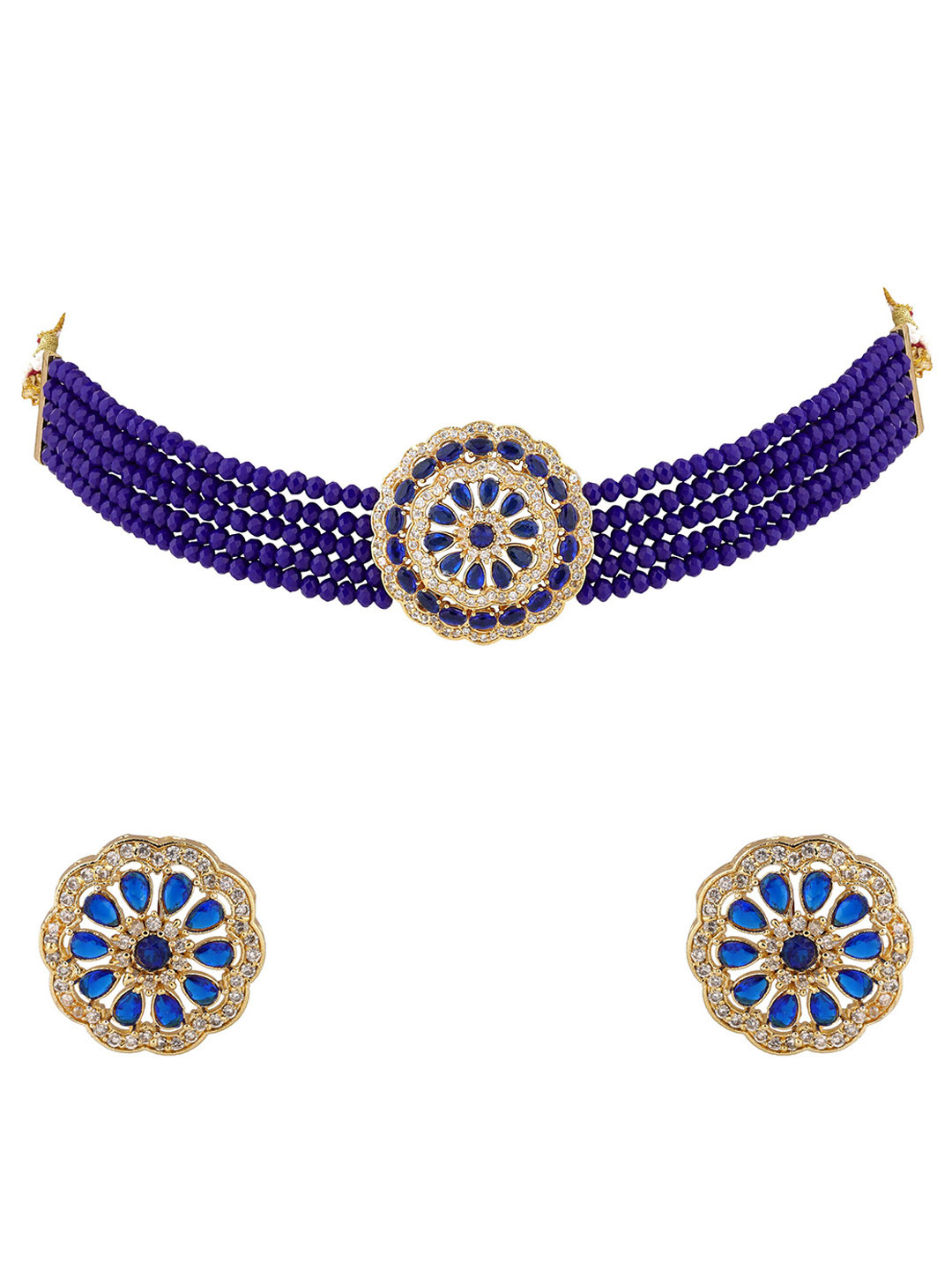 Sanjog Gold-Plated Blue Stone-Studded & Beaded Choker Necklace Set