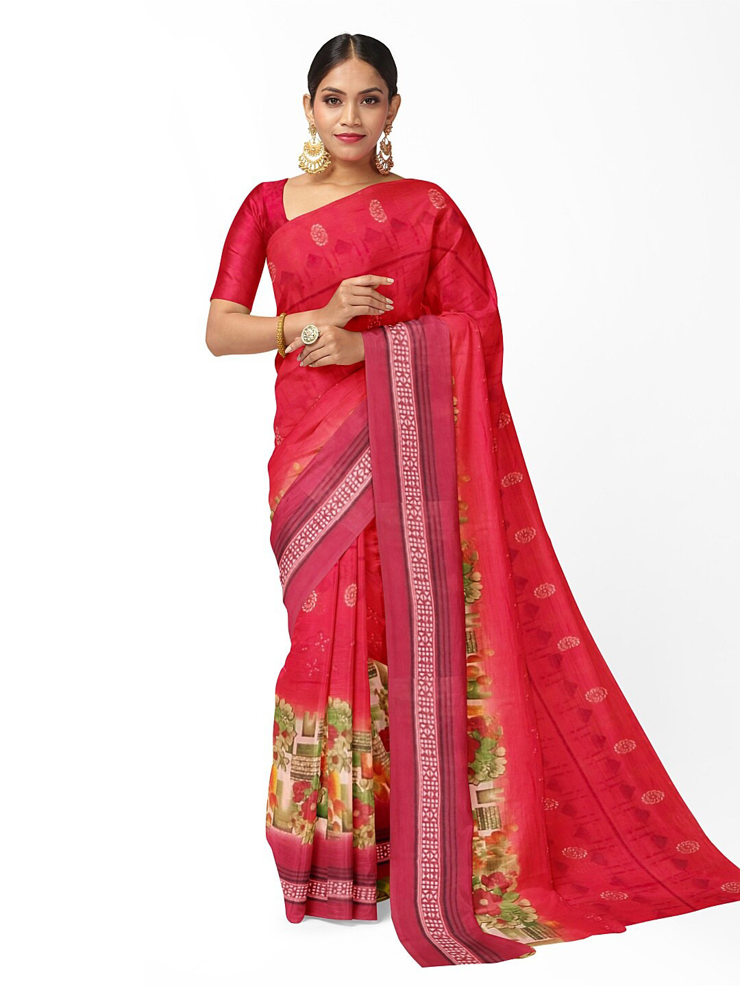 Florence Peach-Coloured & Green Floral Pure Georgette Fusion Saree