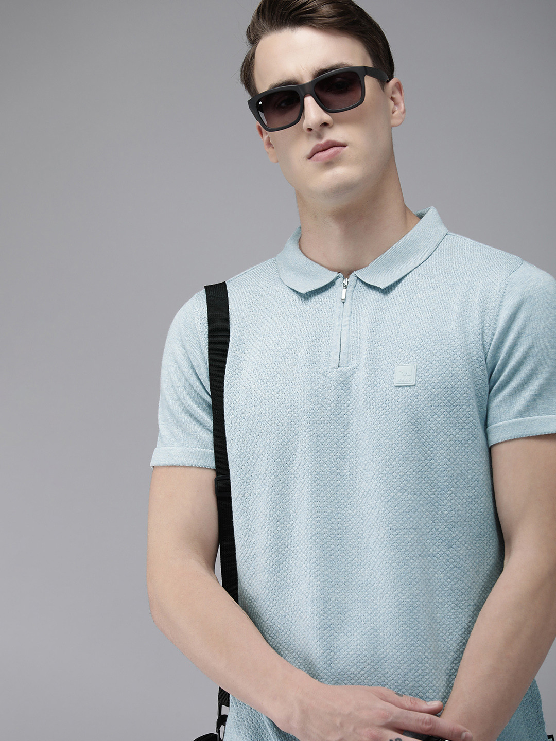 THE BEAR HOUSE Ardor Edition Men Blue Self Design Polo Collar Slim Fit T-shirt