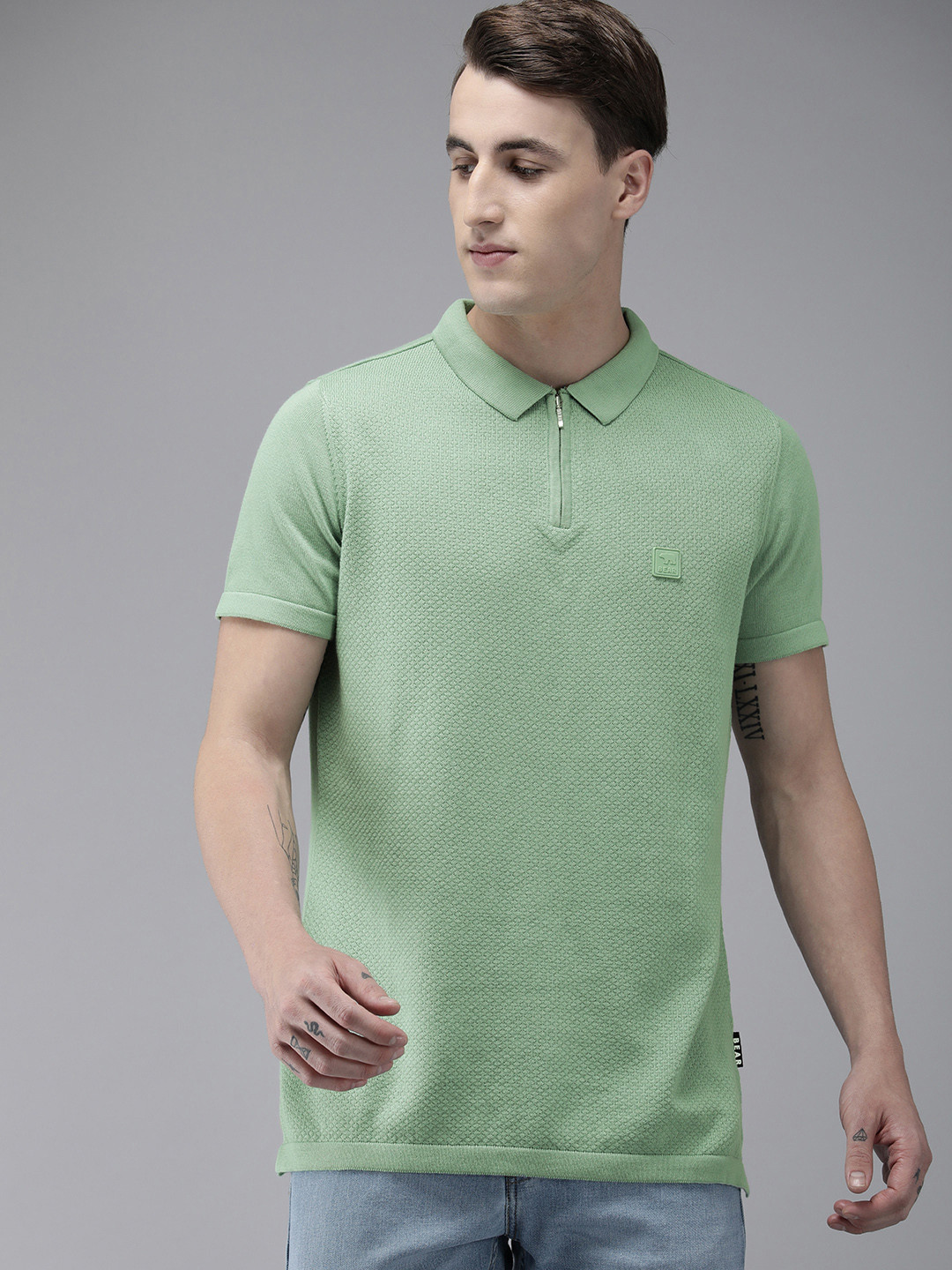 THE BEAR HOUSE Ardor Edition Men Green Self Design Cotton Polo Collar Slim Fit T-shirt