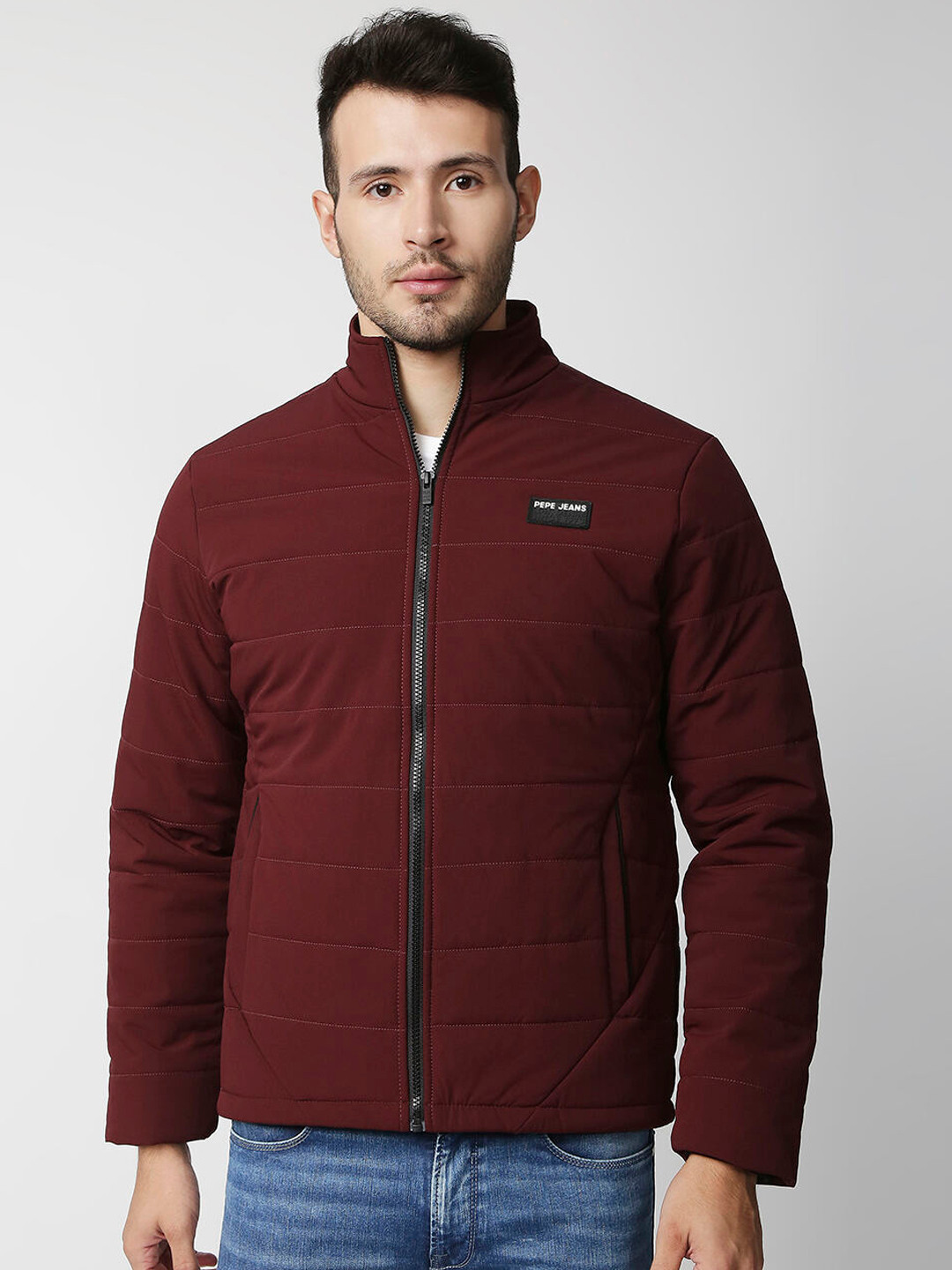 Pepe Jeans Men Red Padded Jacket with Patchwork