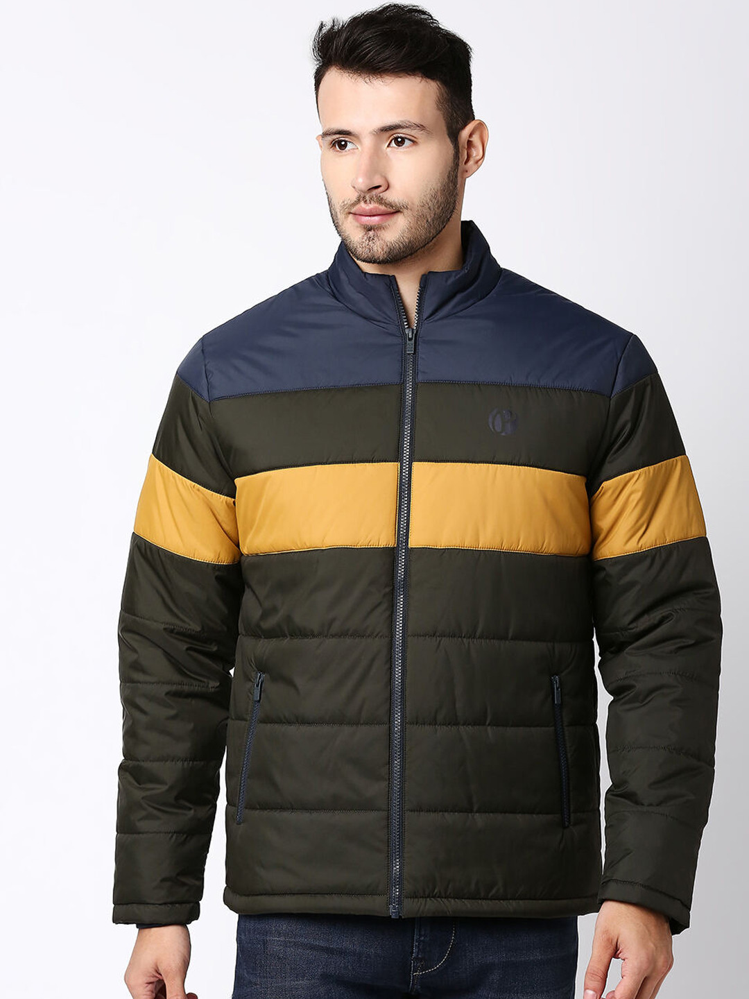 Pepe Jeans Men Green Blue Colourblocked Quilted Jacket