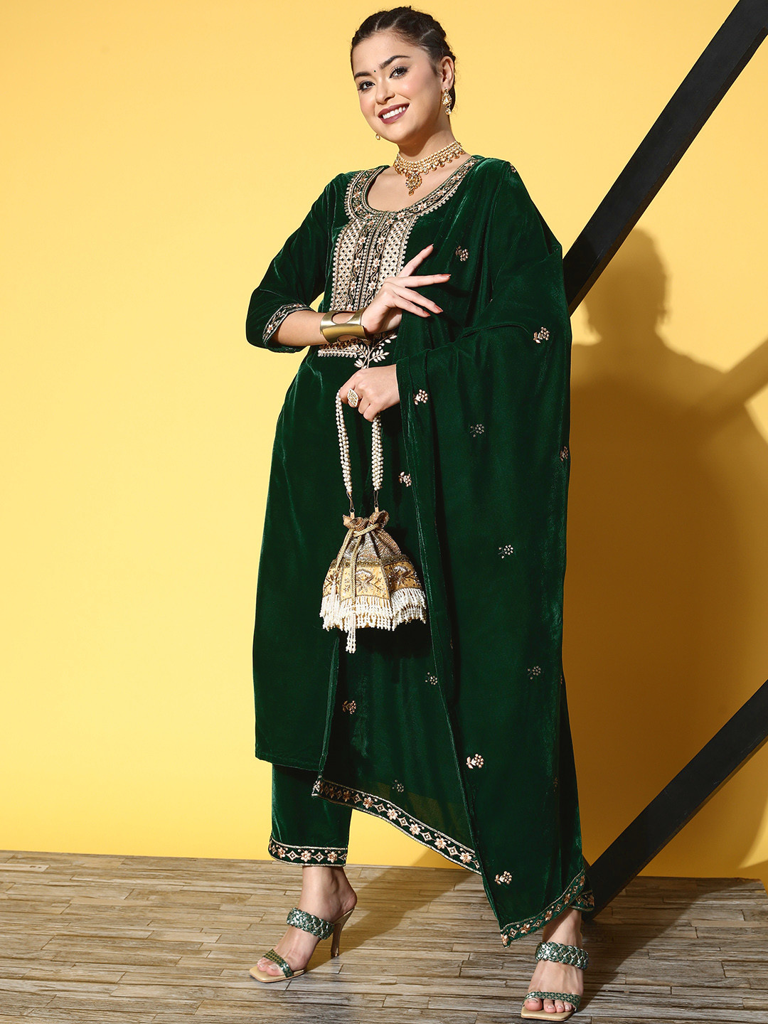 Varanga Zari Embroidered Straight Velvet Winter Kurta with Trousers & Embroidered Dupatta