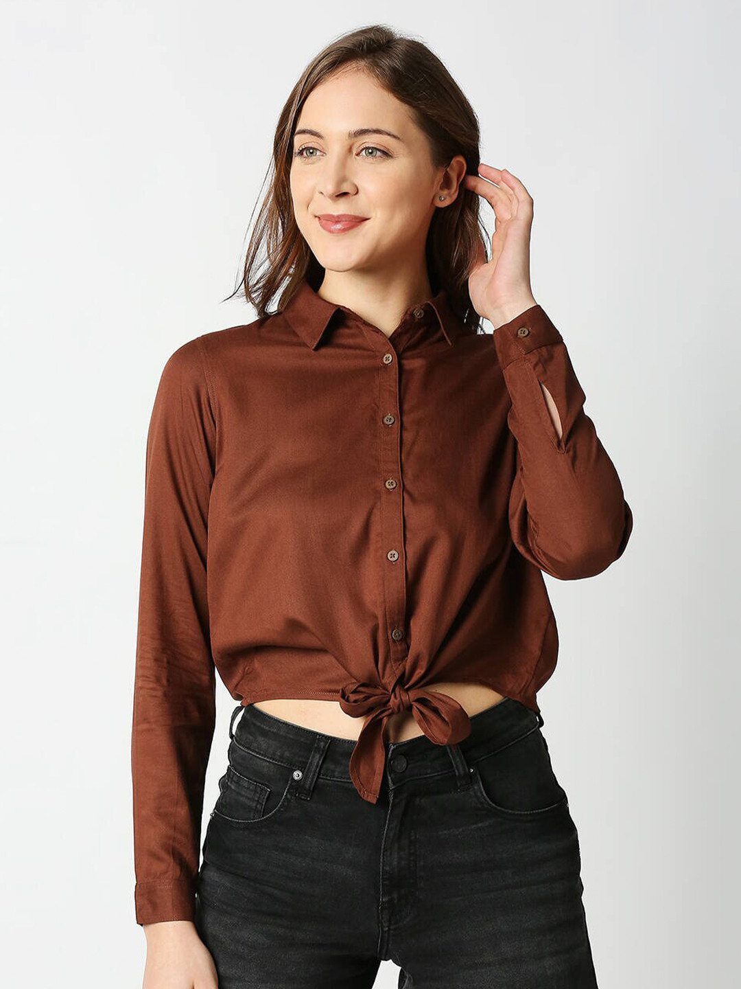 Pepe Jeans Women Brown Regular Fit Solid Crop Casual Shirt