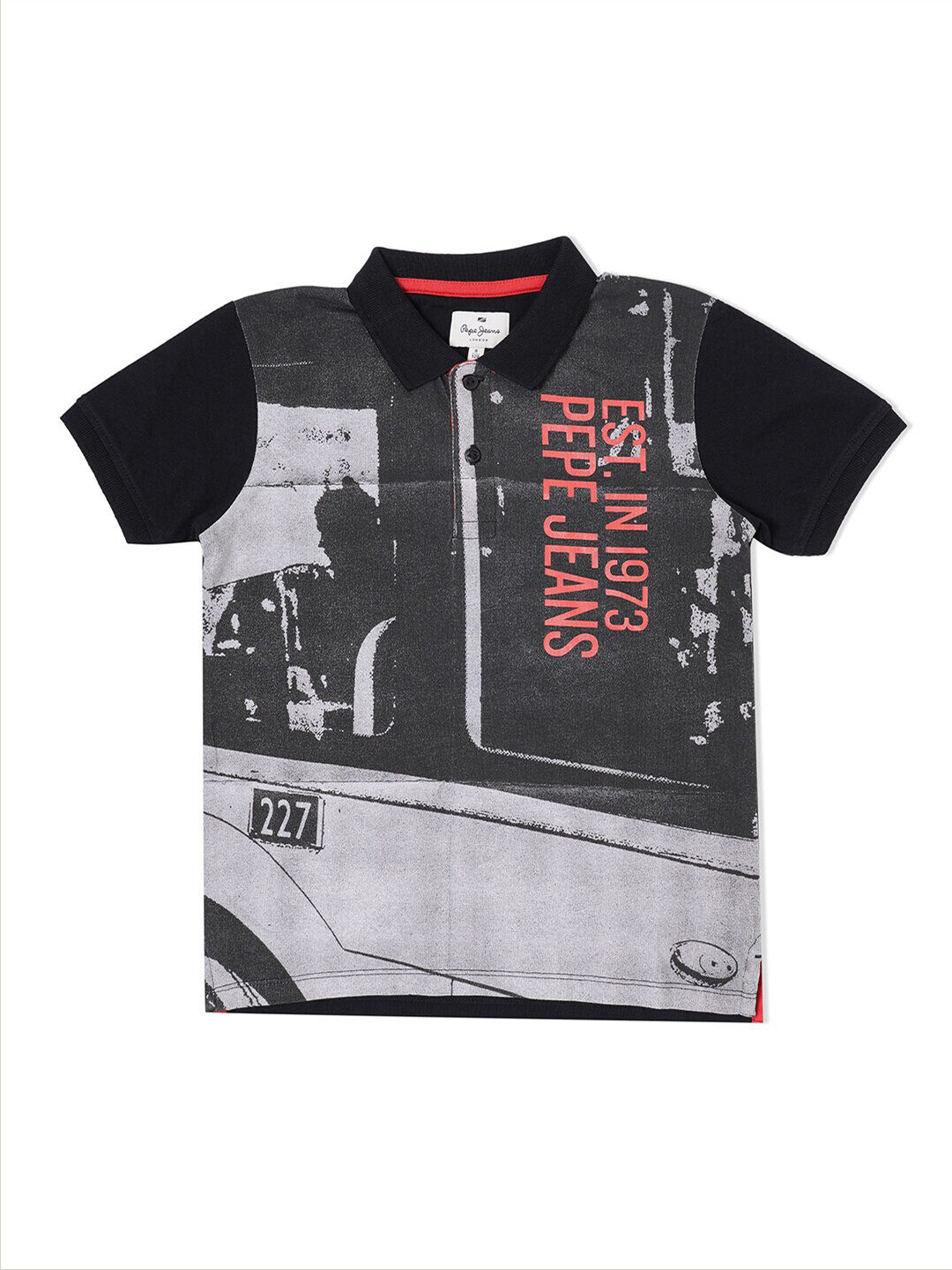 Pepe Jeans Boys Black & Grey Typography Printed Cotton Polo Collar T-shirt