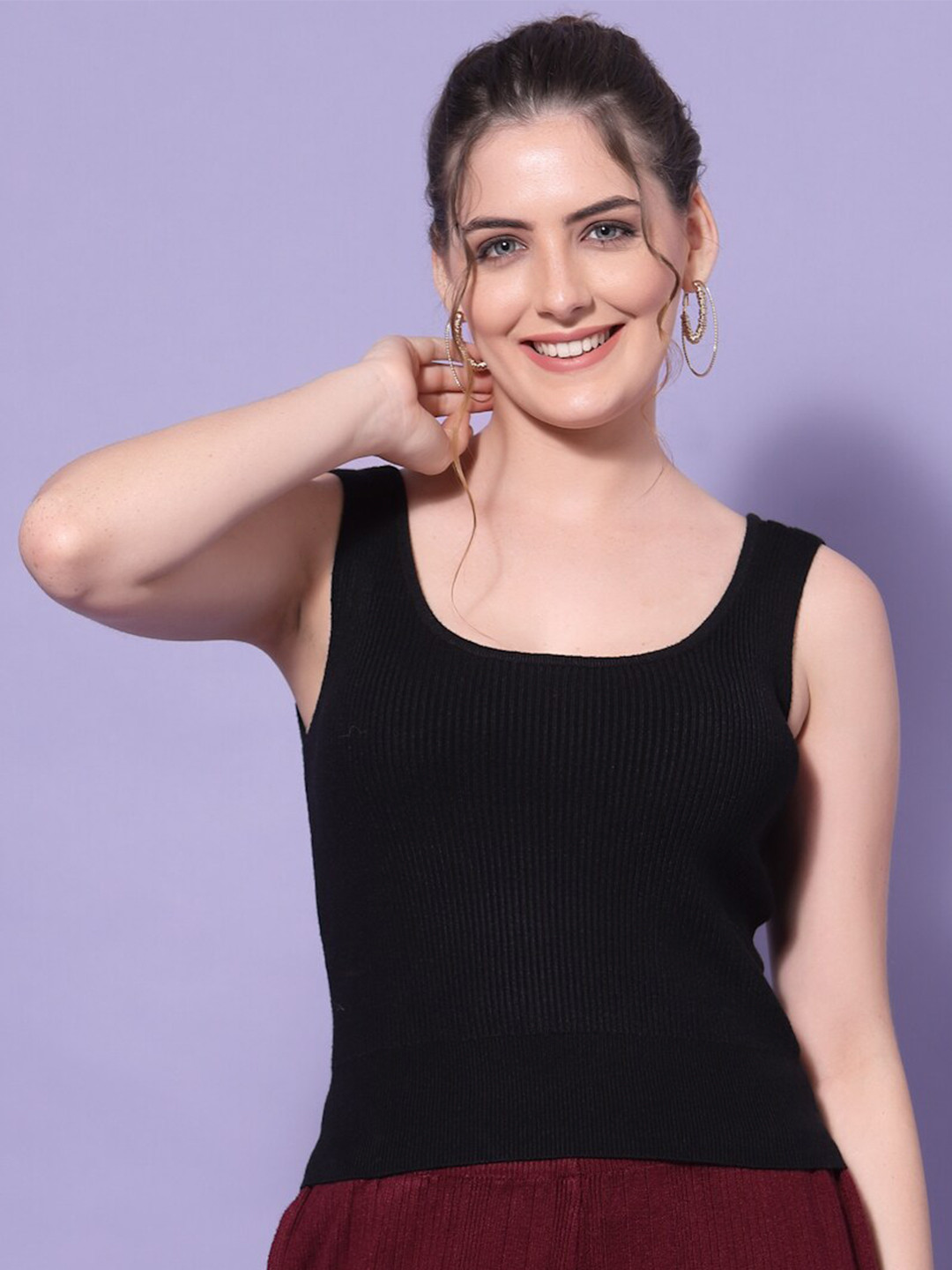 Mafadeny Women Black Ribbed Crop Sweater Vest