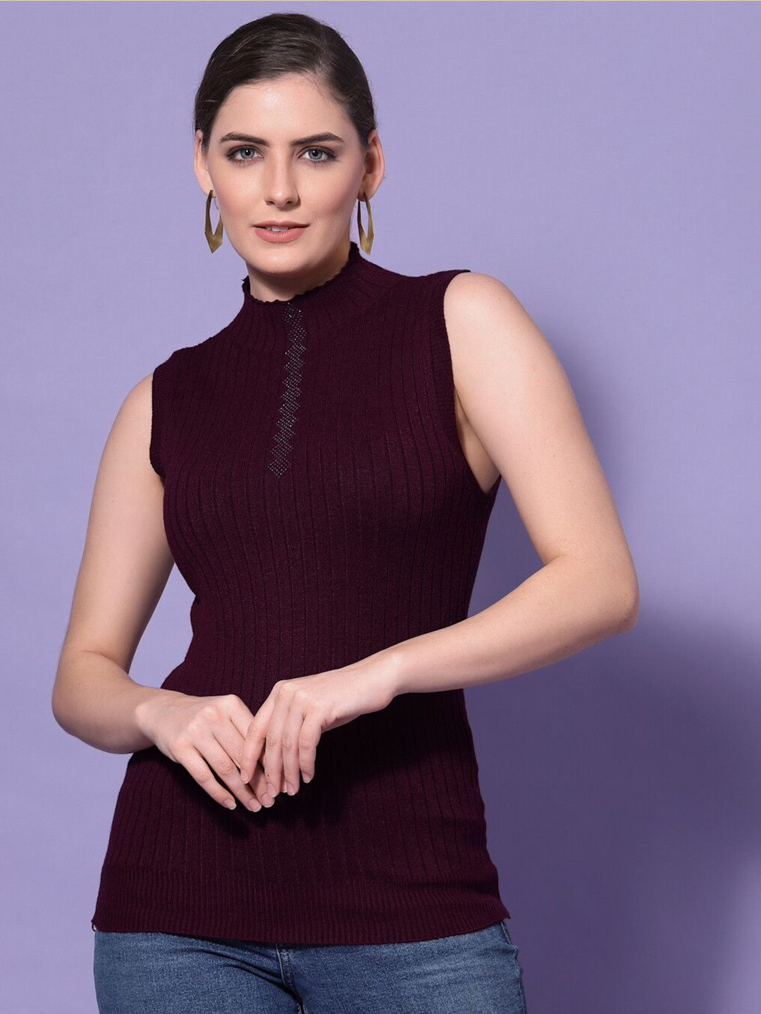 Mafadeny Women Maroon Ribbed Sweater Vest with Embellished Detail