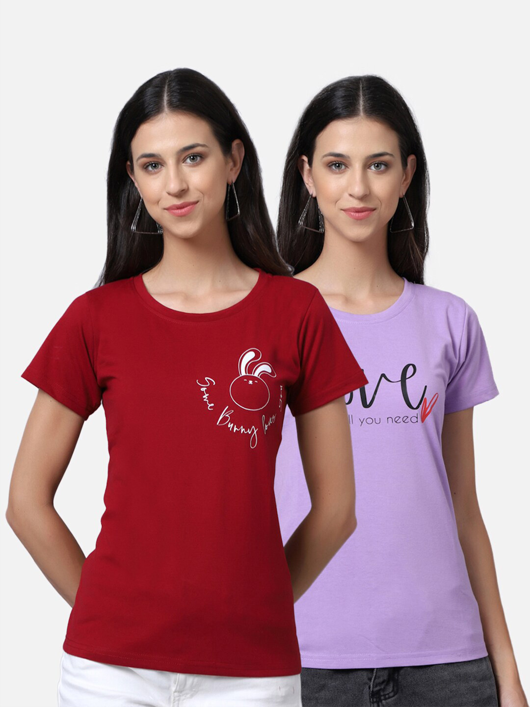 UnaOne Women Maroon & Purple Set Of 2 Printed T-shirt