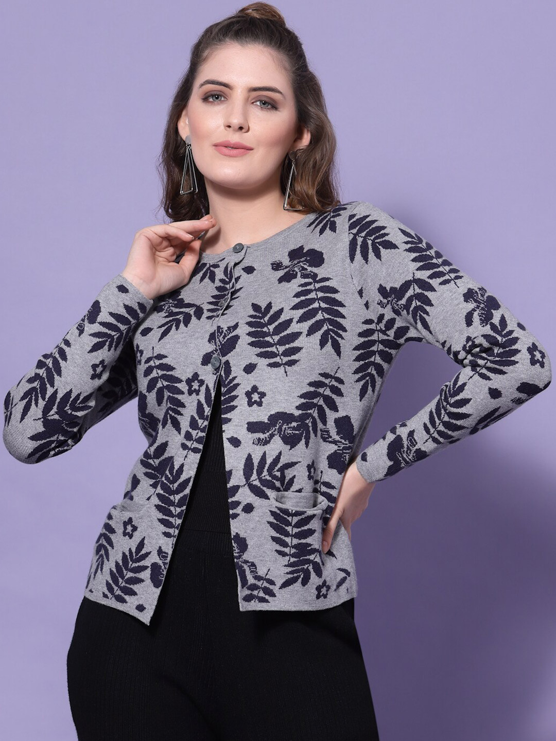 Mafadeny Women Grey & Black Cable Knit Nylon Long Sleeves Cardigan