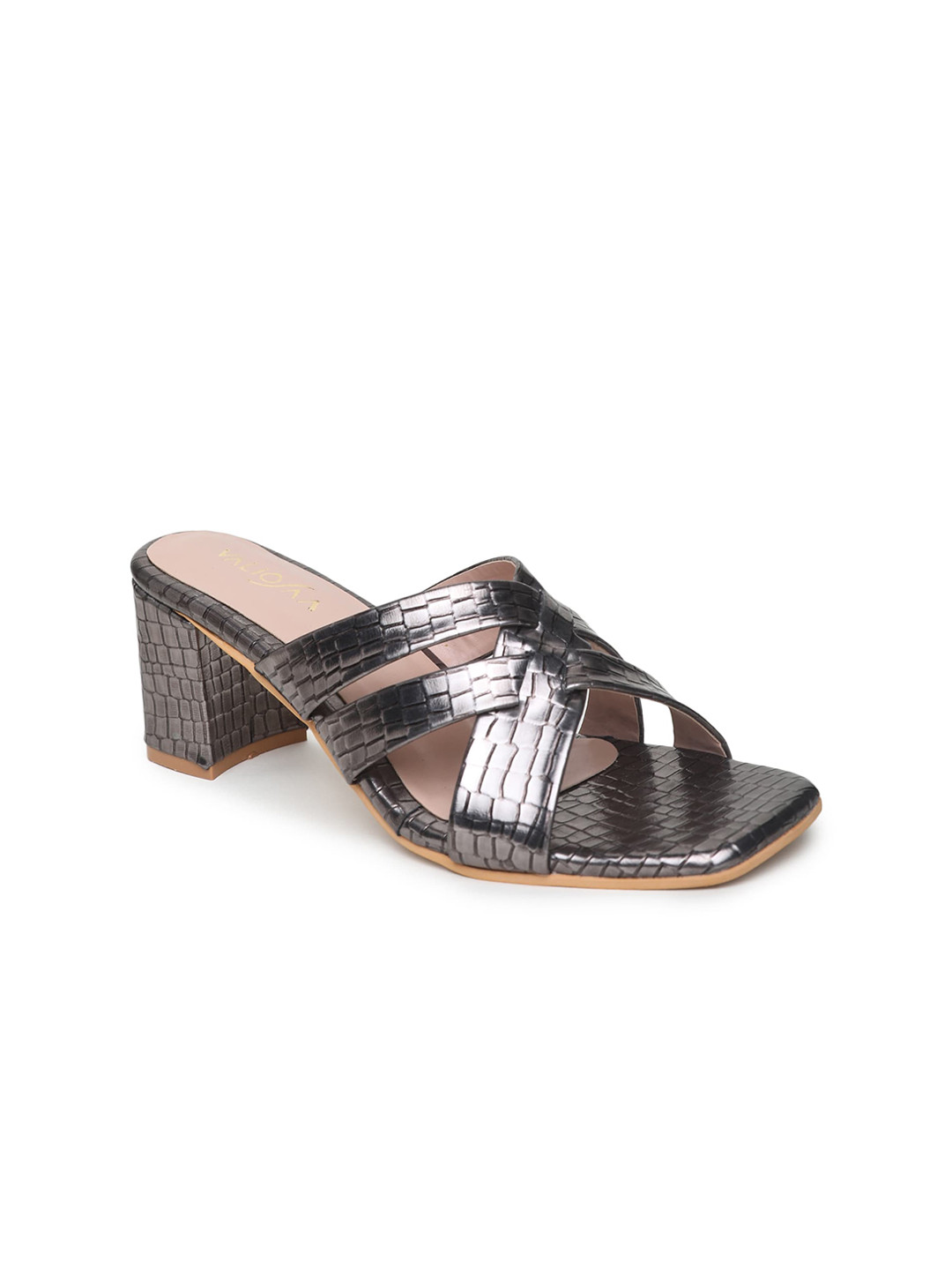 VALIOSAA Gunmetal-Toned Textured Party Block Heels