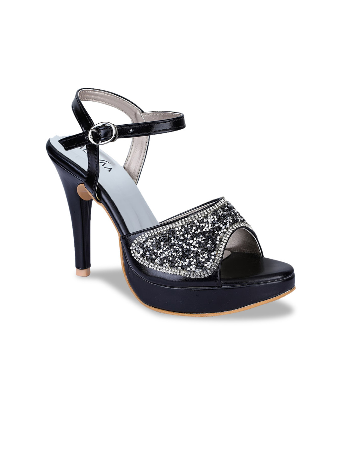 VALIOSAA Navy Blue Embellished Party Stiletto Sandals