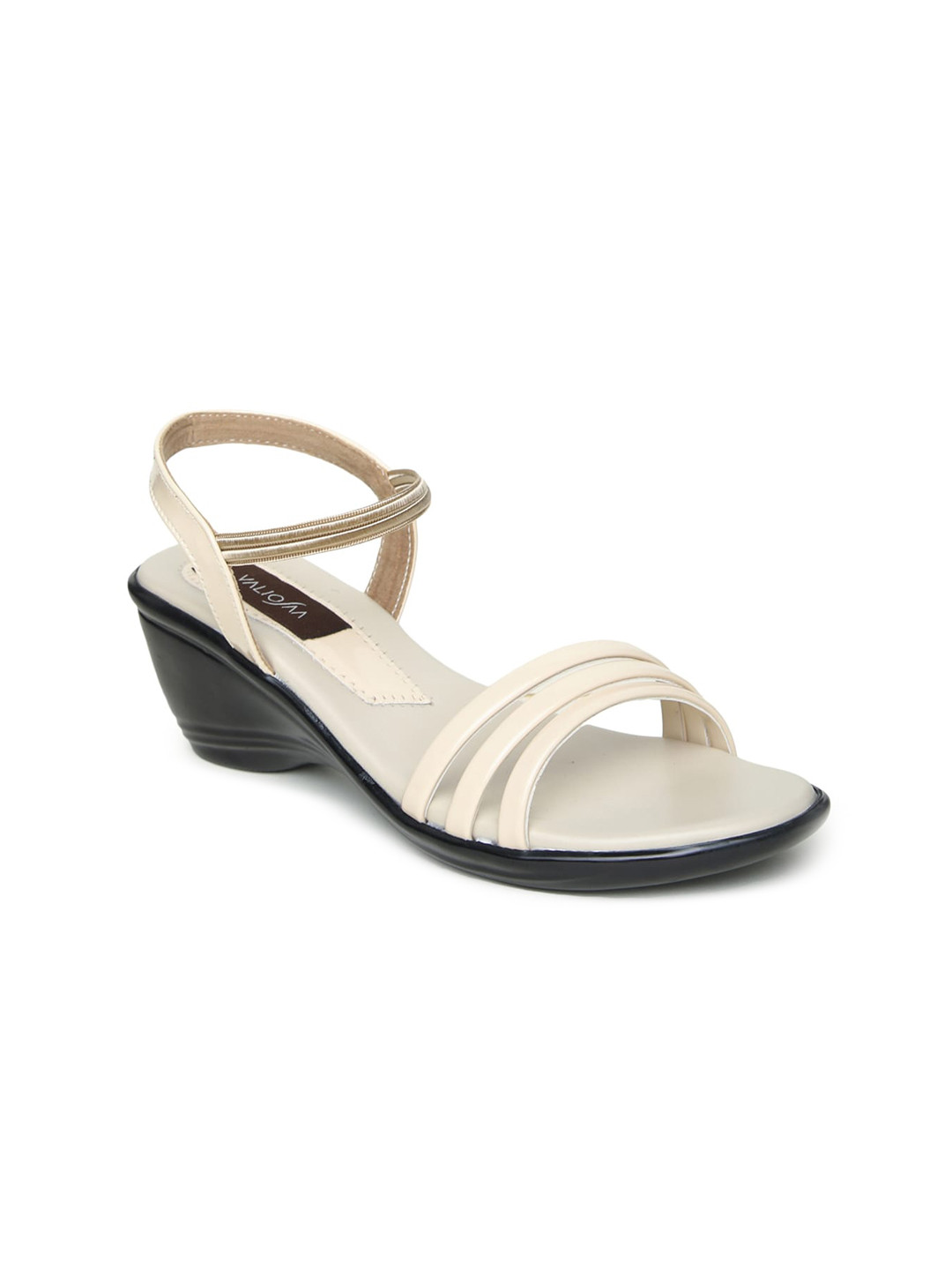 VALIOSAA Cream-Coloured Striped Wedge Sandals with Buckles