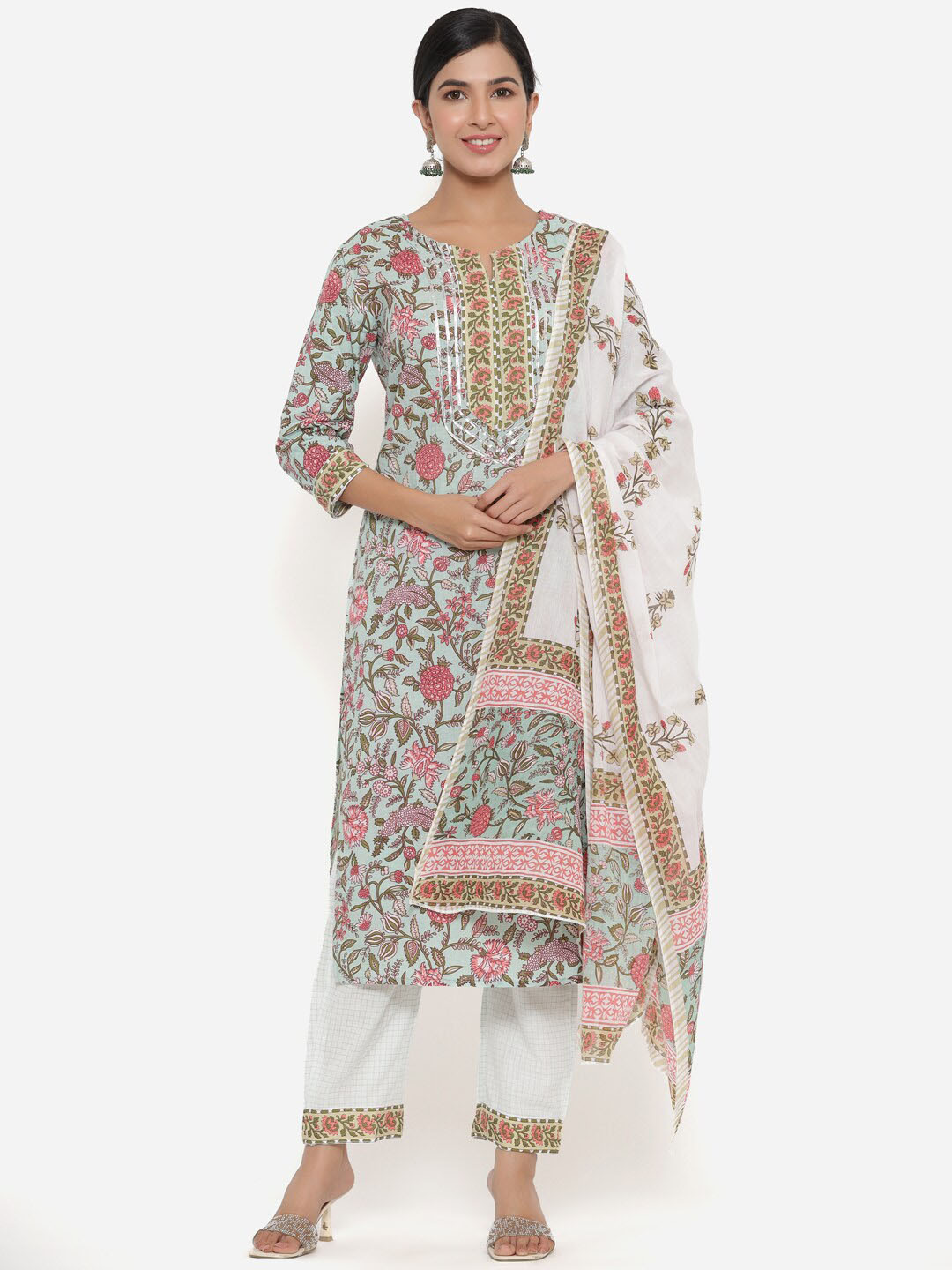 SBR BABA KURTI Women Green Floral Printed Pure Cotton Kurta with Trousers & With Dupatta