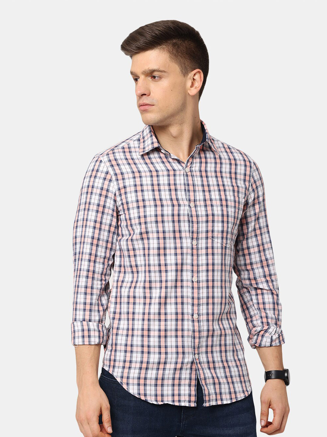 NIRVAAN Men Pink Classic Slim Fit Checked Casual Shirt