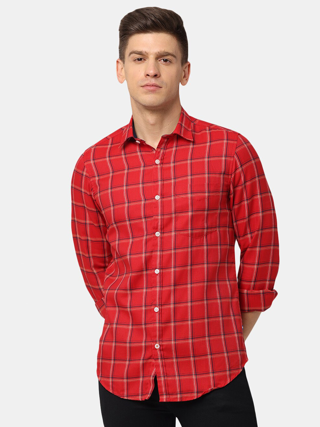 NIRVAAN Men Red Classic Slim Fit Windowpane Checks Casual Shirt