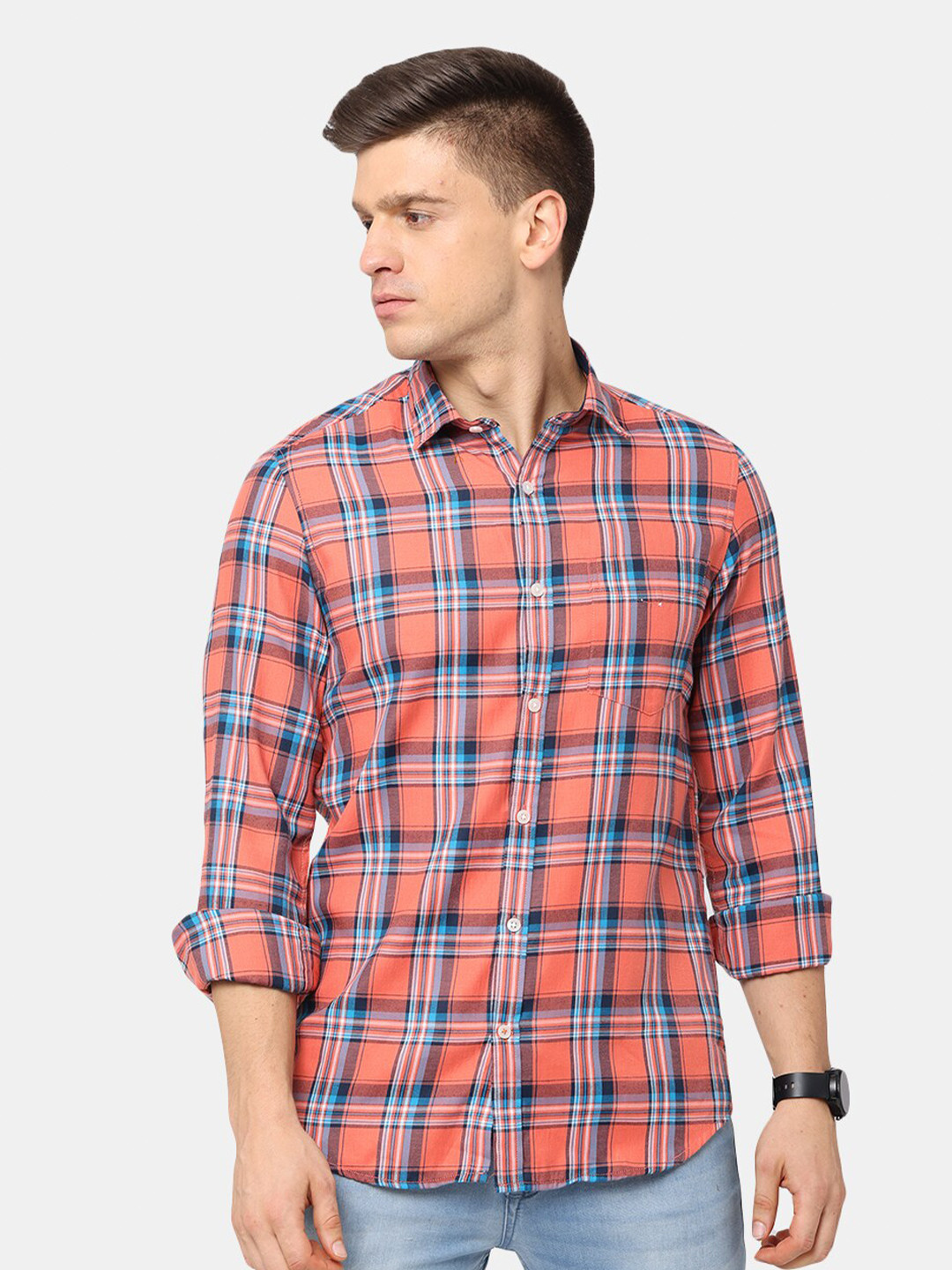 NIRVAAN Men Peach Tartan Checked Cotton Classic Slim Fit Casual Shirt