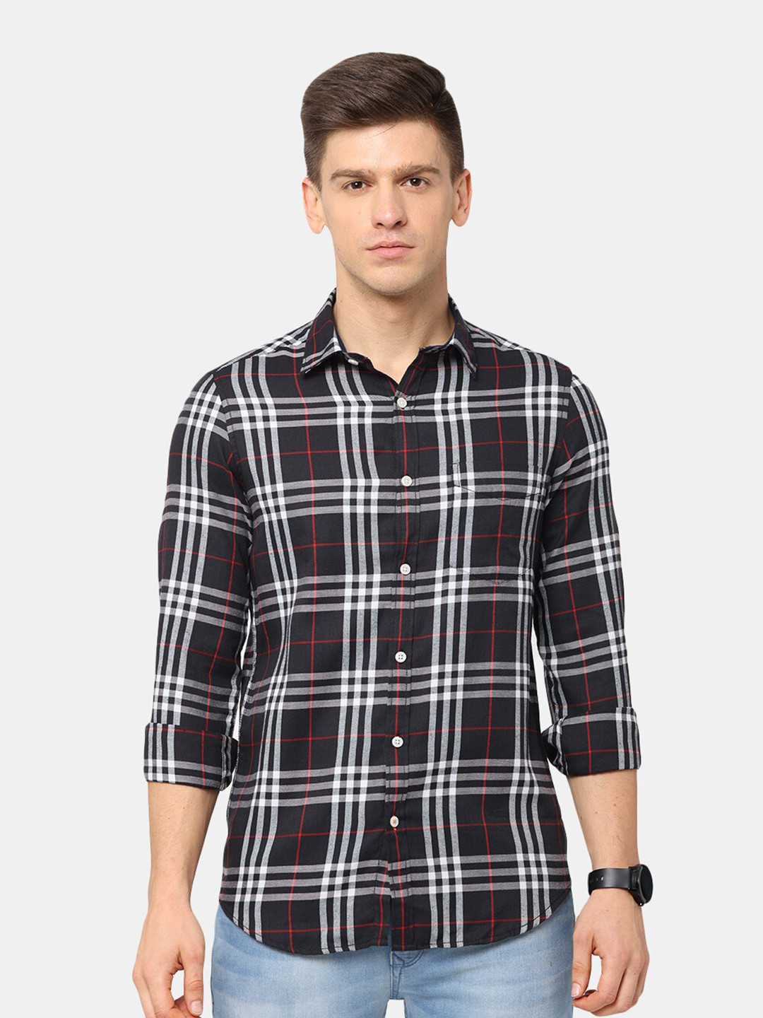 NIRVAAN Men Black Classic Slim Fit Tartan Checks Casual Cotton Shirt