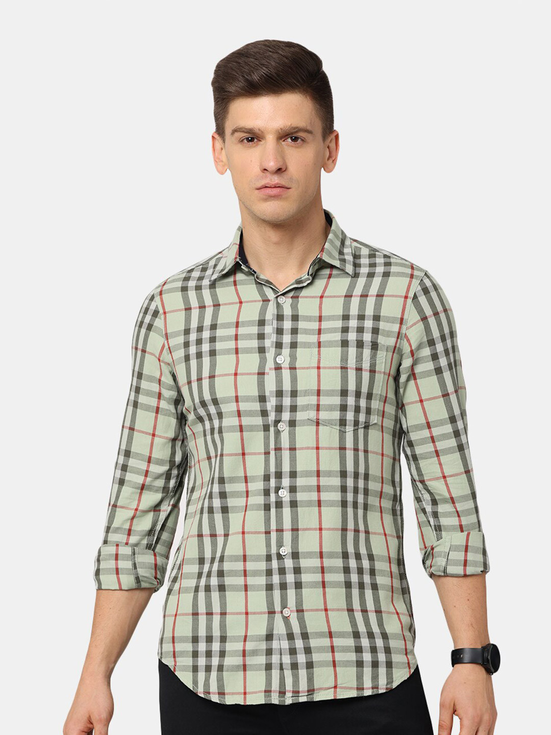 NIRVAAN Men Grey Classic Slim Fit Tartan Checks Casual Shirt
