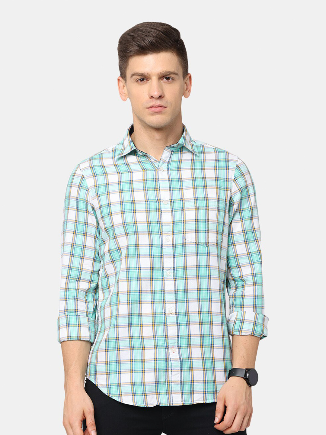 NIRVAAN Men Teal Classic Slim Fit Tartan Checks Casual Shirt