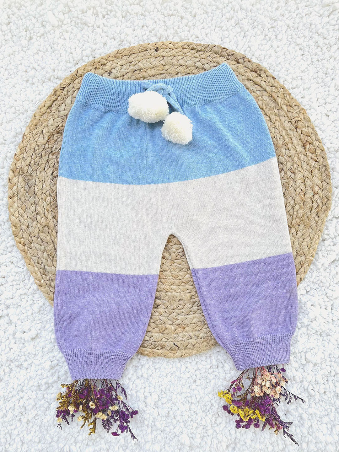 Greendeer Unisex Kids White & Lavender Cotton Soothing Stripe Ankle Length Leggings