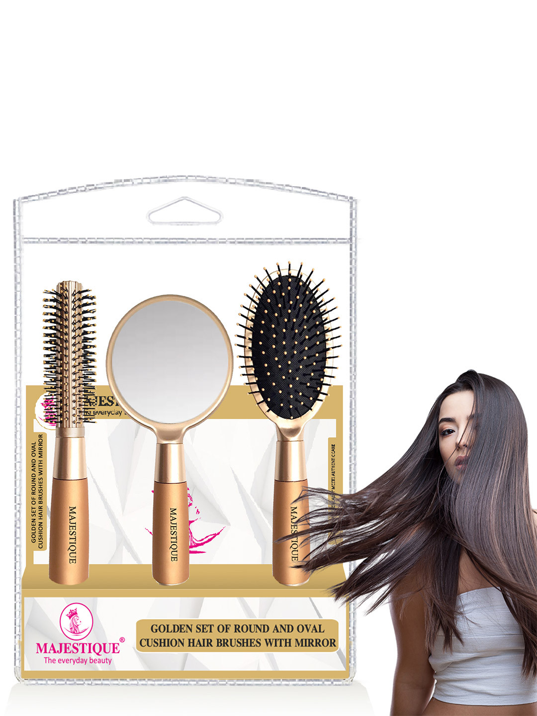 MAJESTIQUE Set Of 2 Detangling Hairbrush Wide-Tooth Comb & Handle Mirror For Makeup