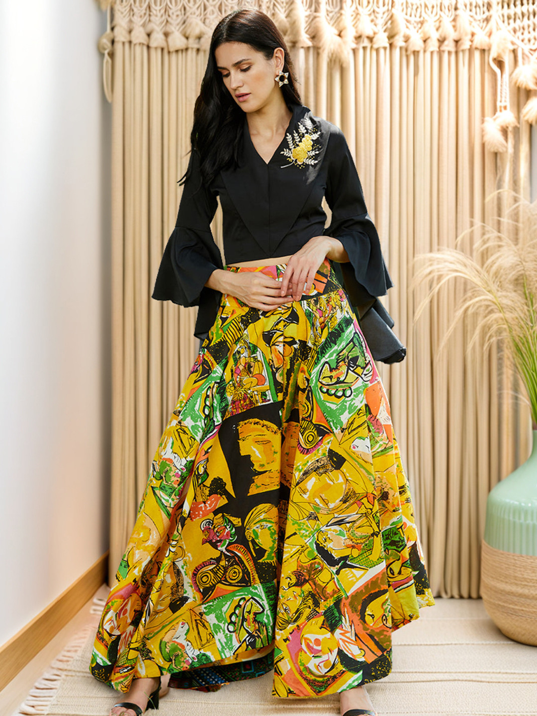 Pannkh Black & Yellow Embroidered Crop Top With Picasso Printed Skirt