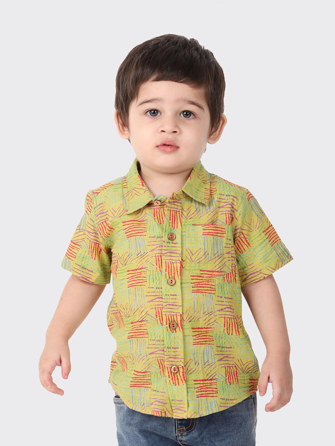 Fabindia Boys Olive Green Printed Casual Shirt