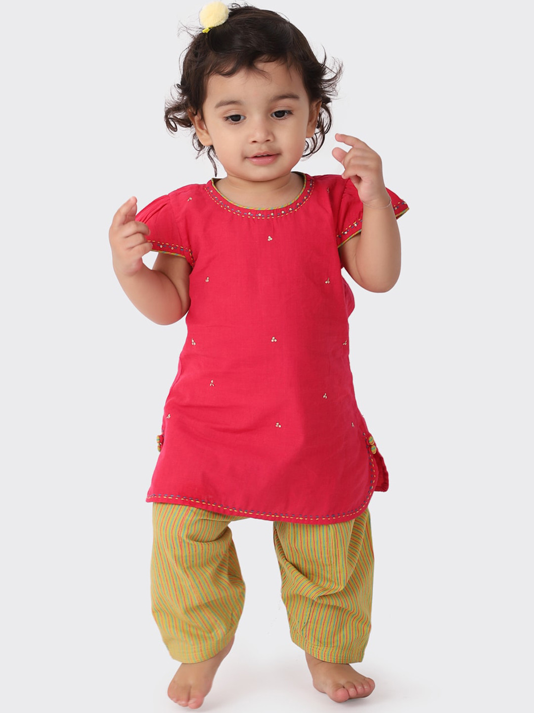 Fabindia Girls Fuschia And Yellow Pure Cotton Kurta with Dhoti Pants