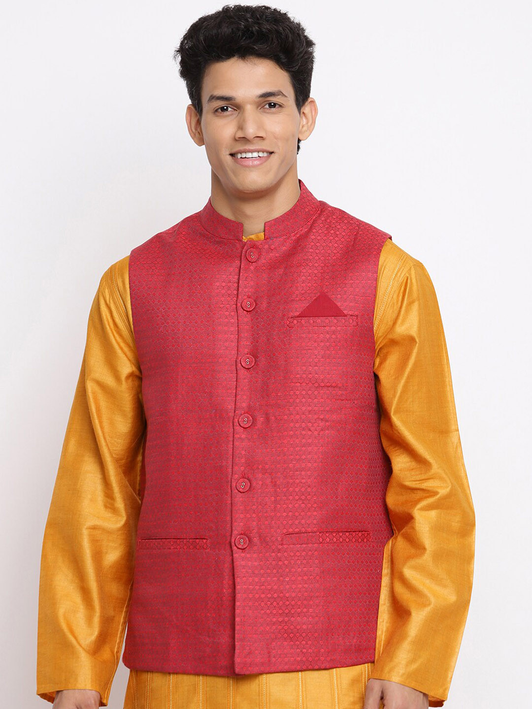 Fabindia Men Red Woven Design Linen Nehru Jacket