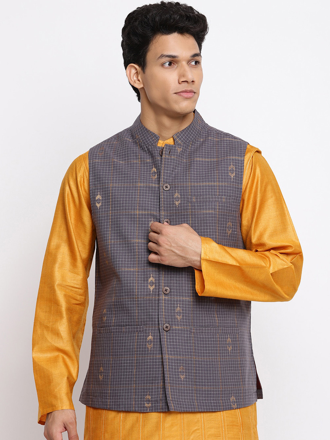Fabindia Men Grey Checked Cotton Nehru Jackets