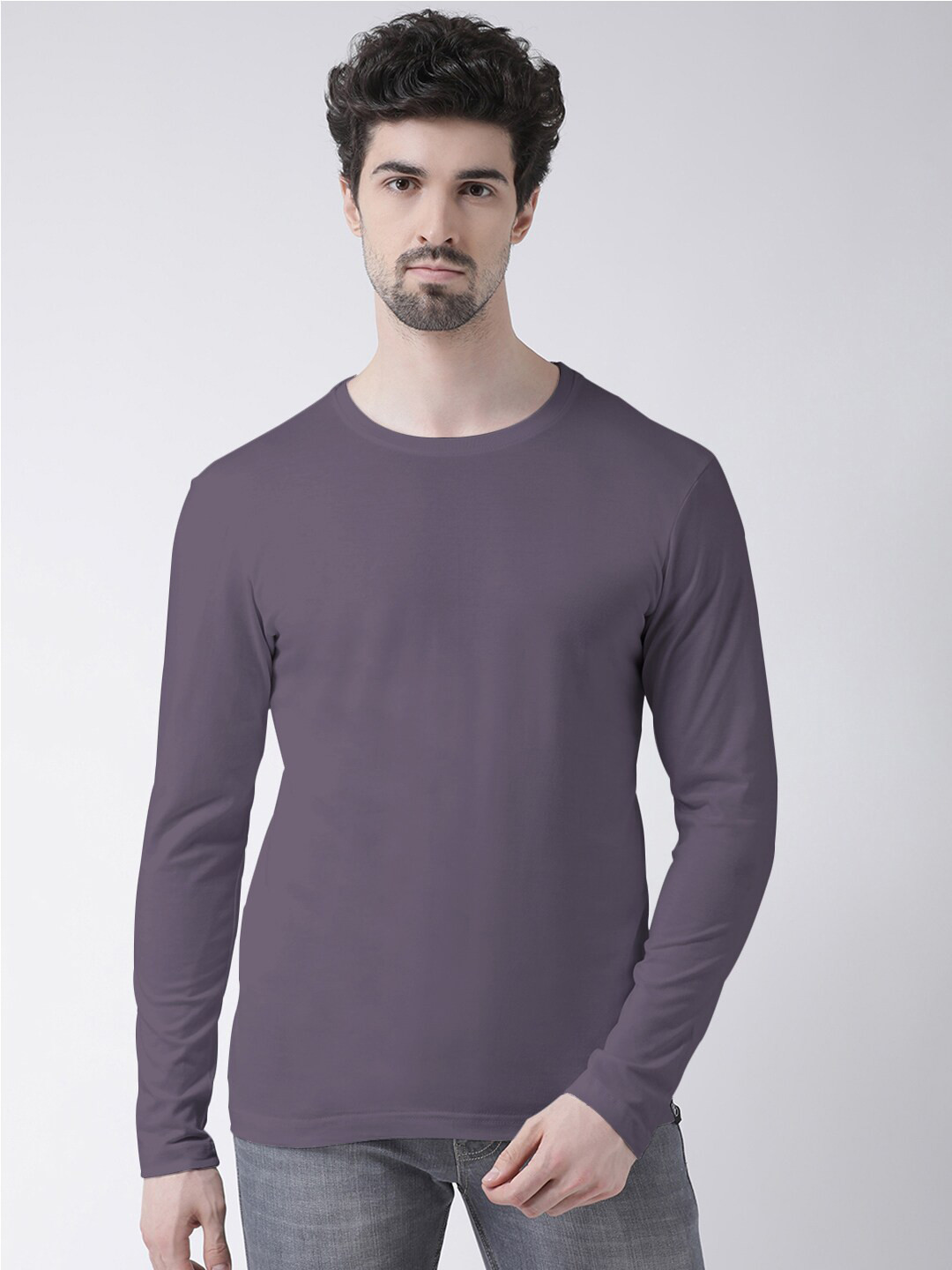 Friskers Men Grey Solid Full Sleeve Round Neck Cotton T-shirt