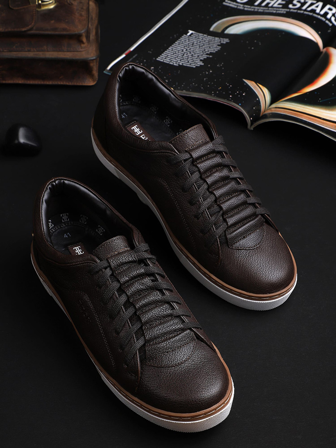 EZOK Men Brown Leather Sneakers