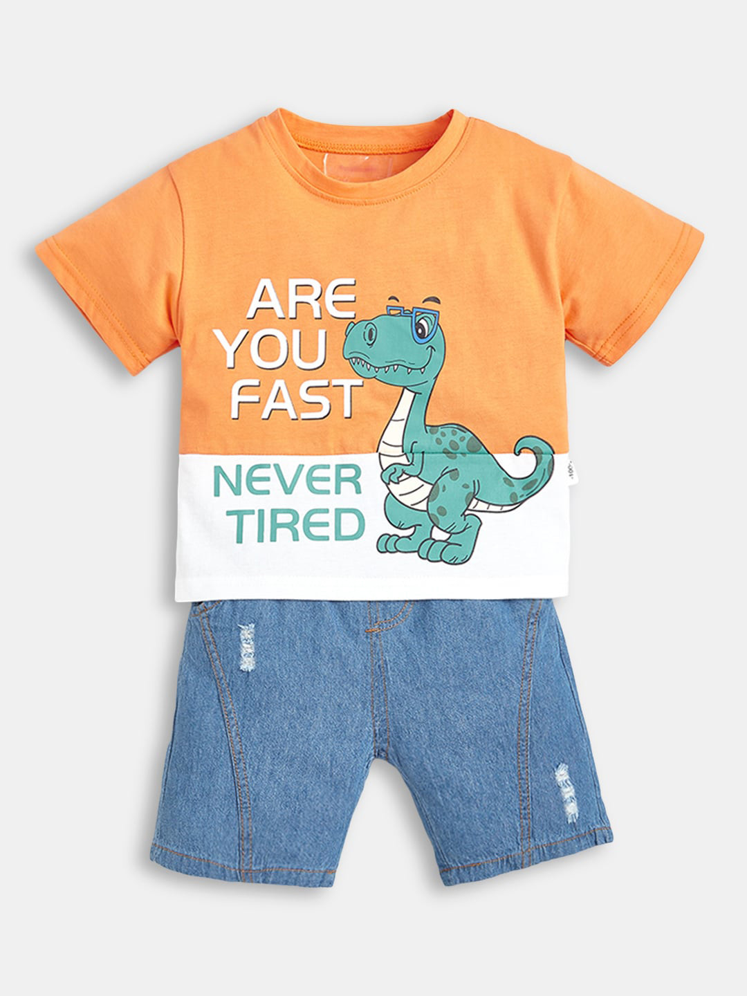 Hopscotch Boys Orange & Blue Printed Cotton T-shirt with Shorts