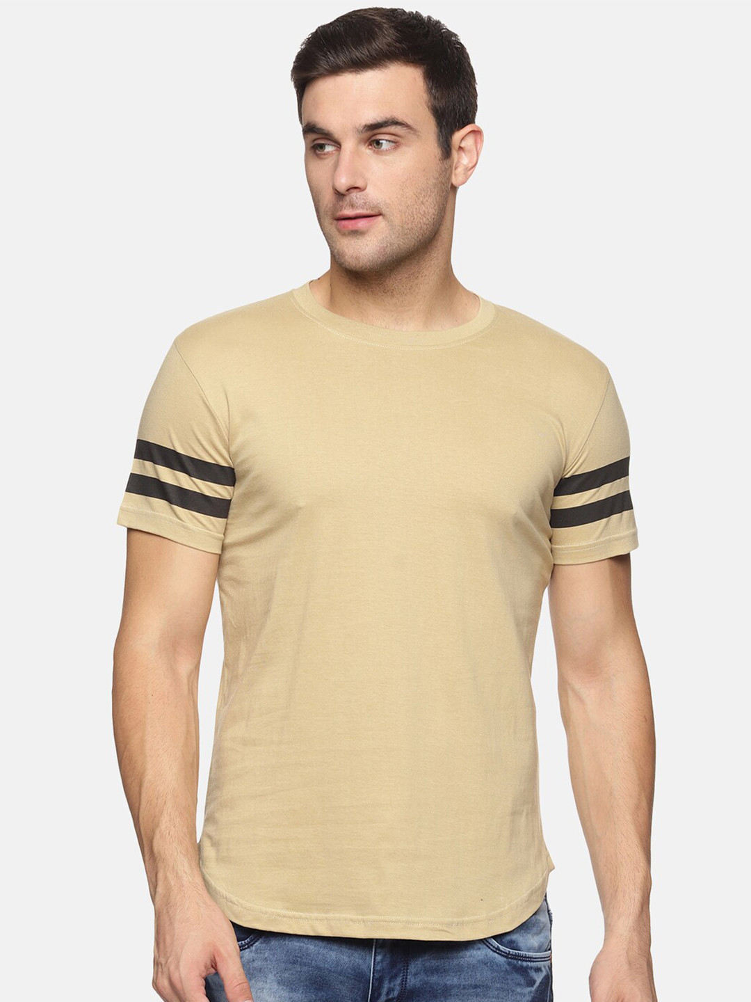 Trends Tower Men Beige Solid Cotton T-shirt