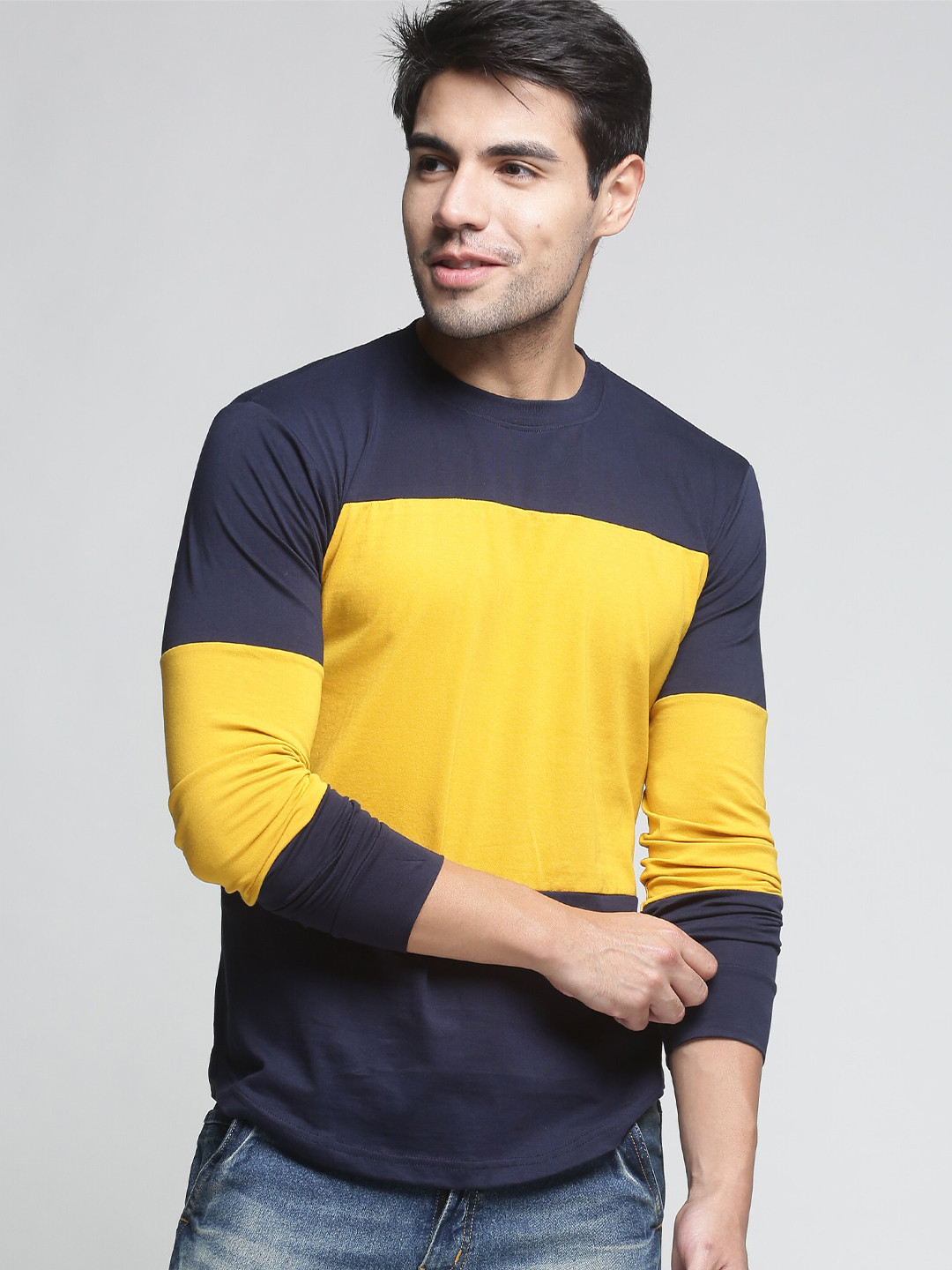 Trends Tower Men Navy Blue & Yellow Colourblocked Cotton T-shirt