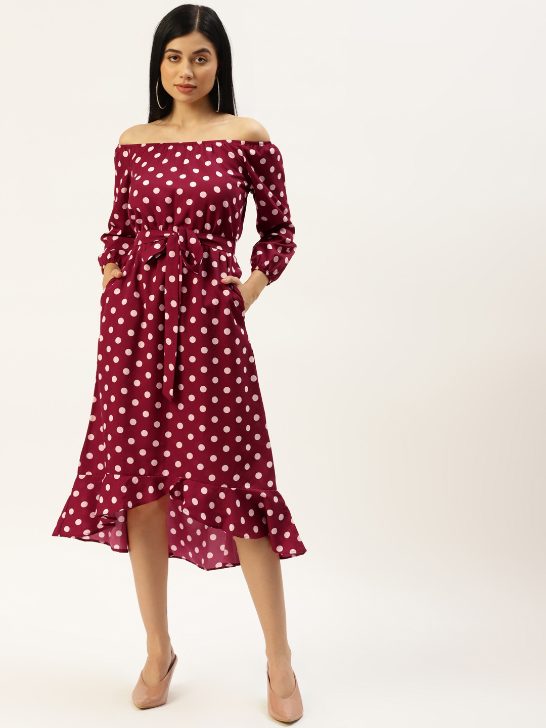 BRINNS Maroon & White Off-Shoulder A-Line Midi Dress