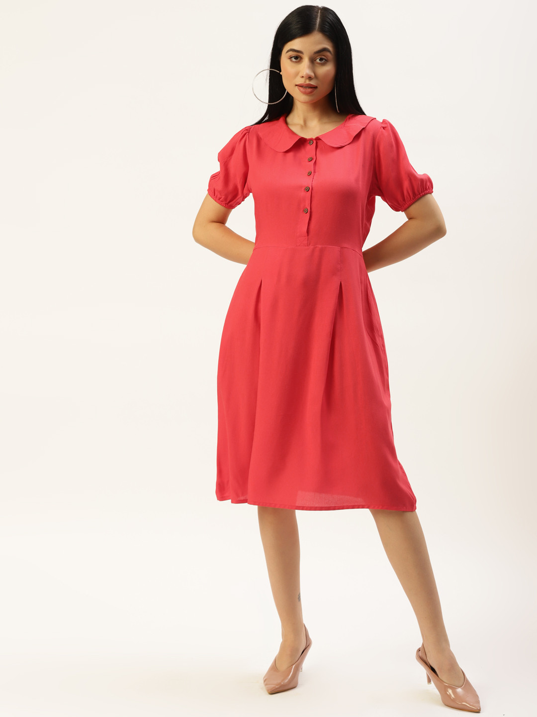 BRINNS Red Peter Pan Collar A-Line Midi Dress