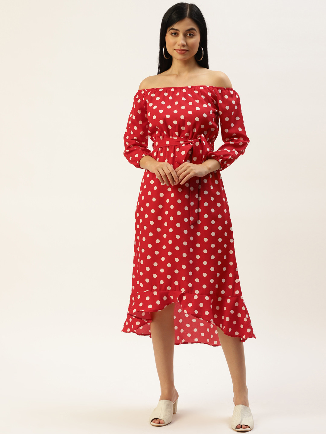 BRINNS Red & White Off-Shoulder A-Line Midi Dress