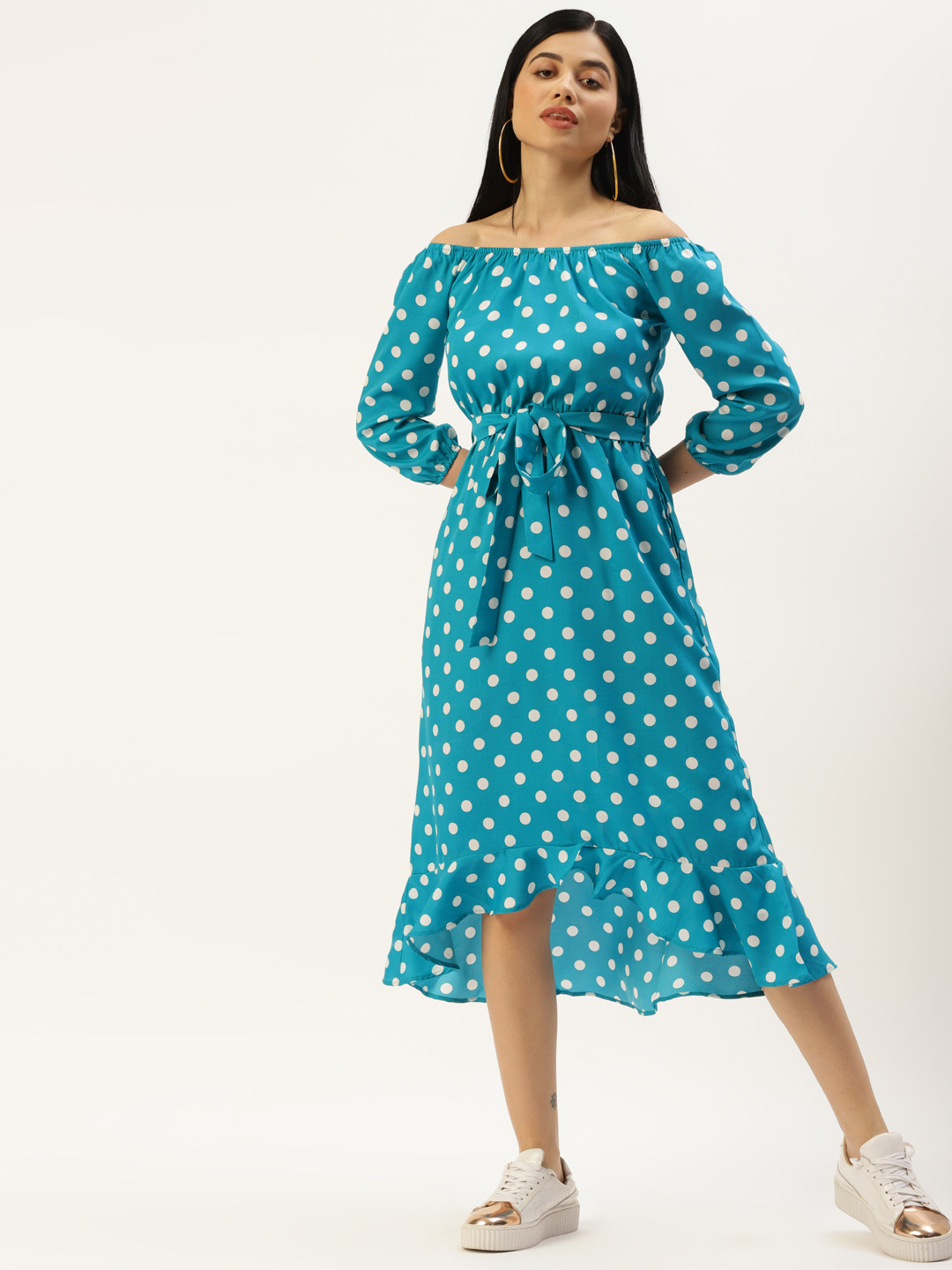 BRINNS Turquoise Blue & White Off-Shoulder A-Line Midi Dress
