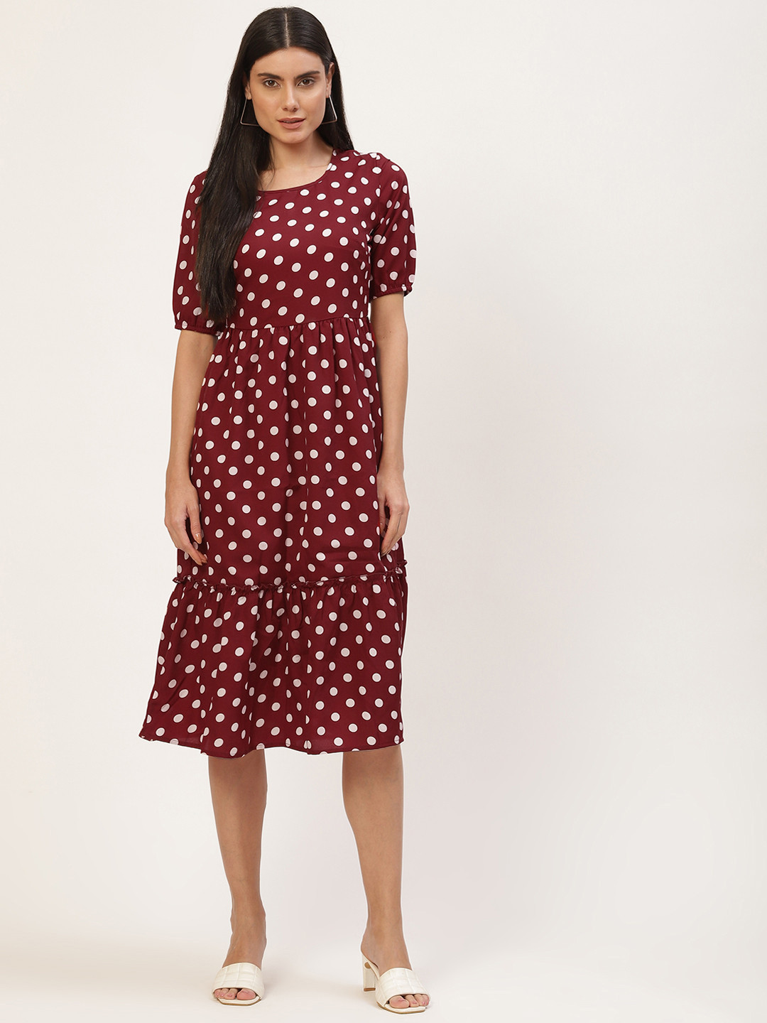 BRINNS Coffee Brown & White Polka Dots Crepe A-Line Midi Dress