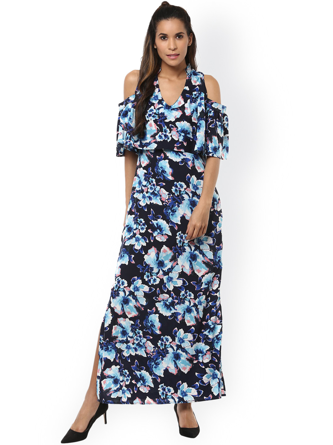 Harpa Women Navy Blue Floral Print Cold Shoulder Maxi Dress