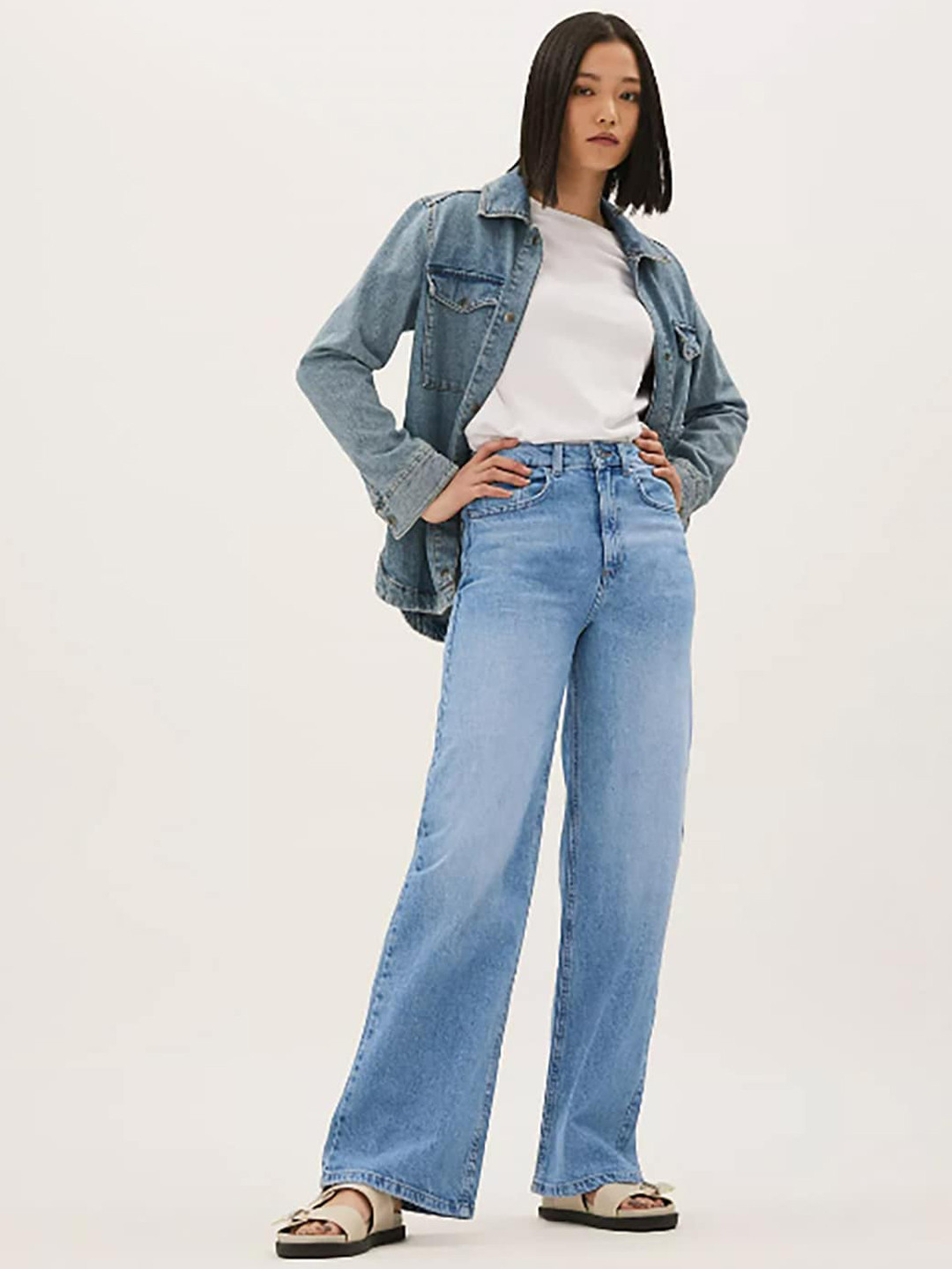Marks & Spencer Women Blue High-Rise Low Distress Heavy Fade Jeans