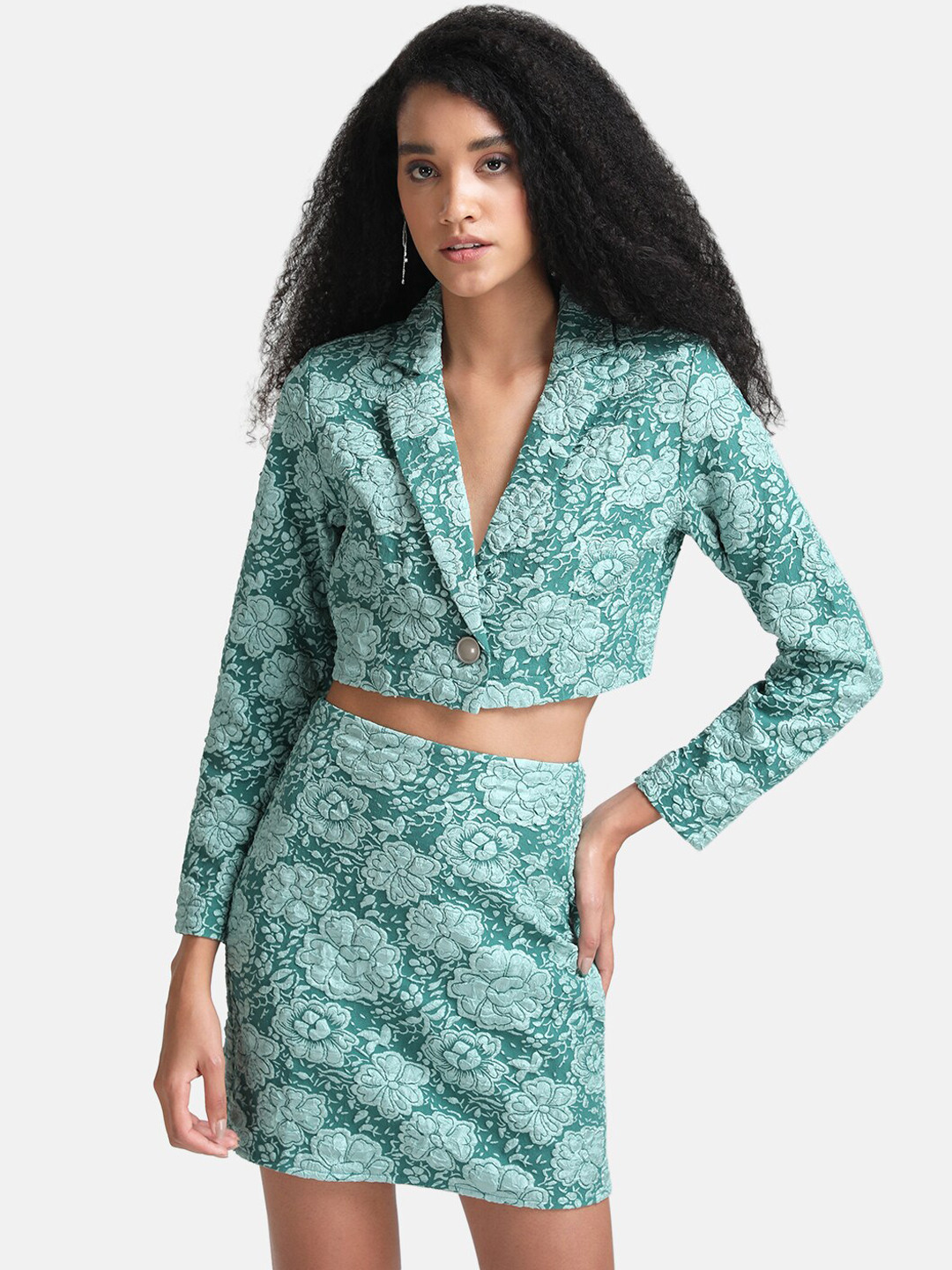 Kazo Women Green Tonal Jacquard Cropped Blazer Jacket