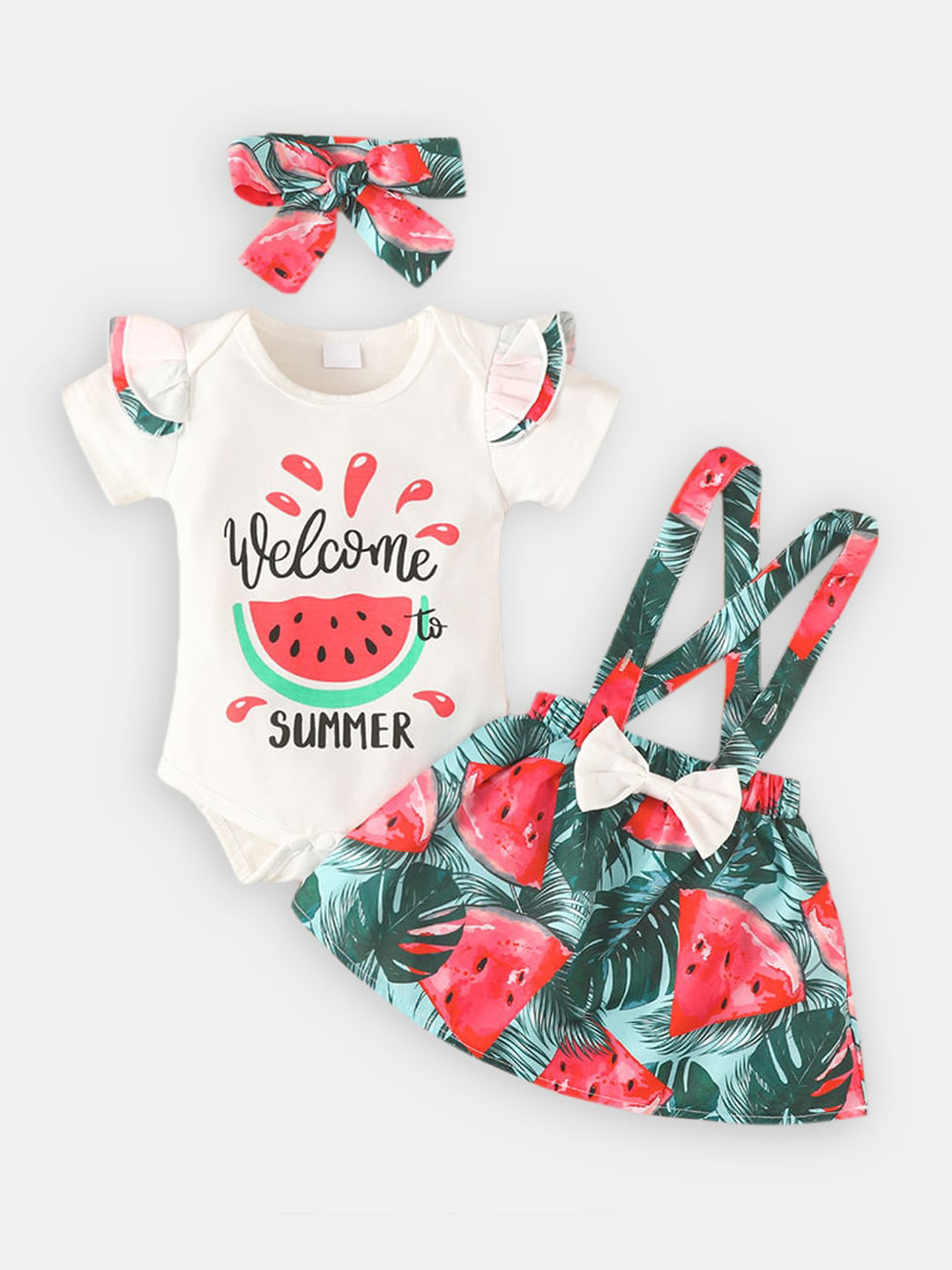 Hopscotch Girls White & Green Printed Top with Skirt  With Headband