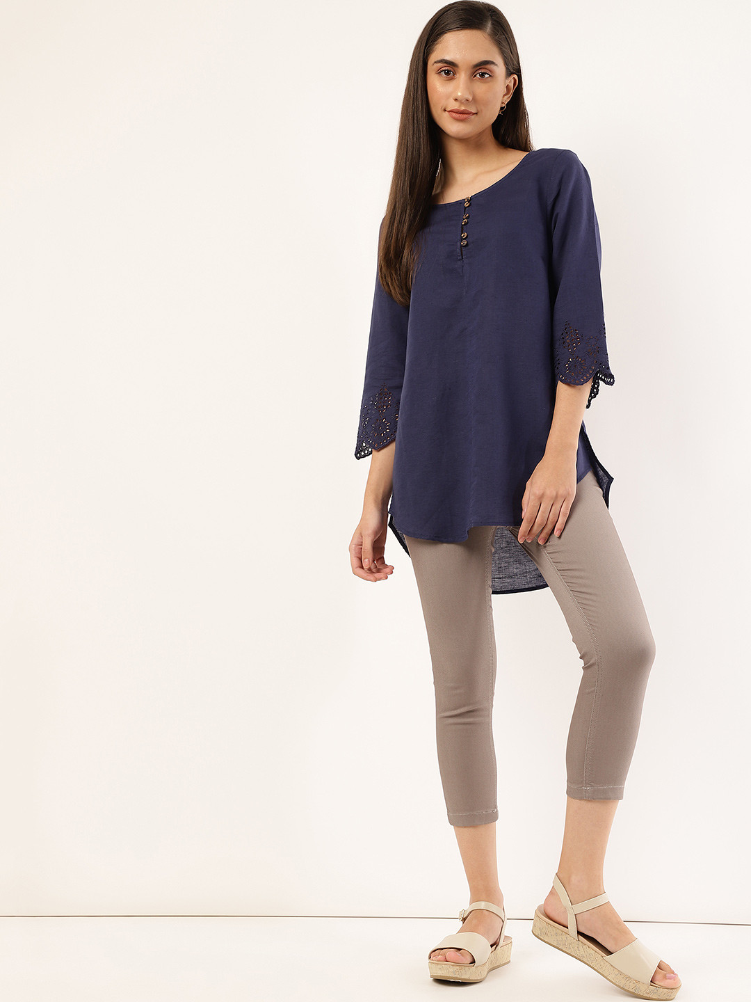 Marks & Spencer Women Blue Linen Lace Inserted Tunic